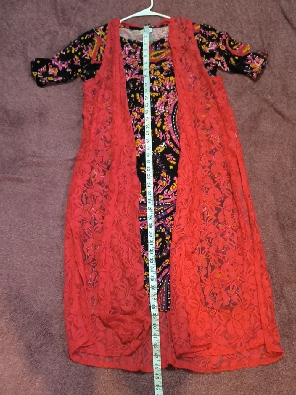 LuLaRoe Red Lace Overlay Long Sleeve Dress with Black Floral Slip